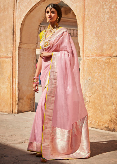 Pink Zari Tissue Silk Saree with Intricately Designed Blouse