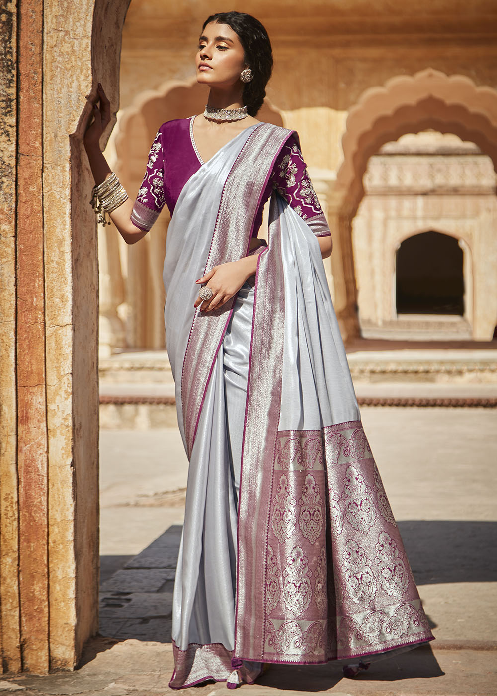 Elegant Grey Woven Silk Saree with Embroidered Blouse