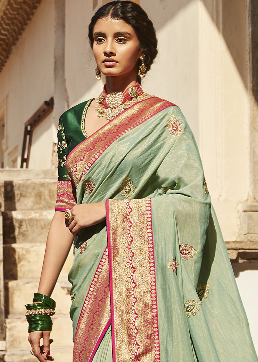 Elegant Light Green Woven Silk Saree with Embroidered Blouse