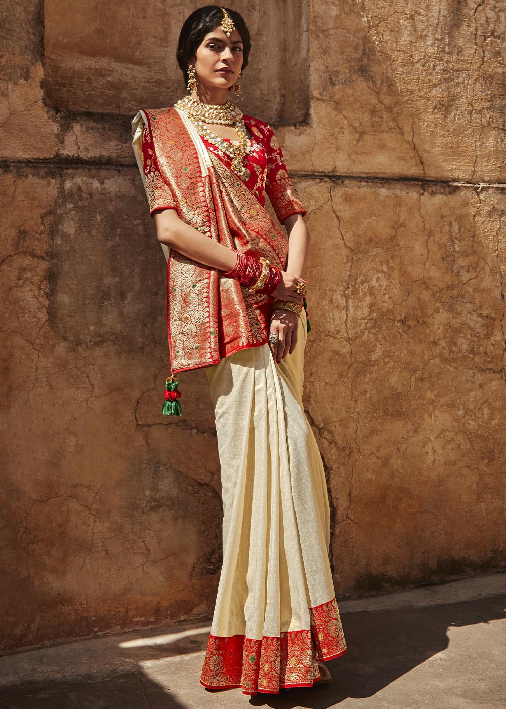 Elegant Grey and Red Woven Silk Saree with Embroidered Blouse