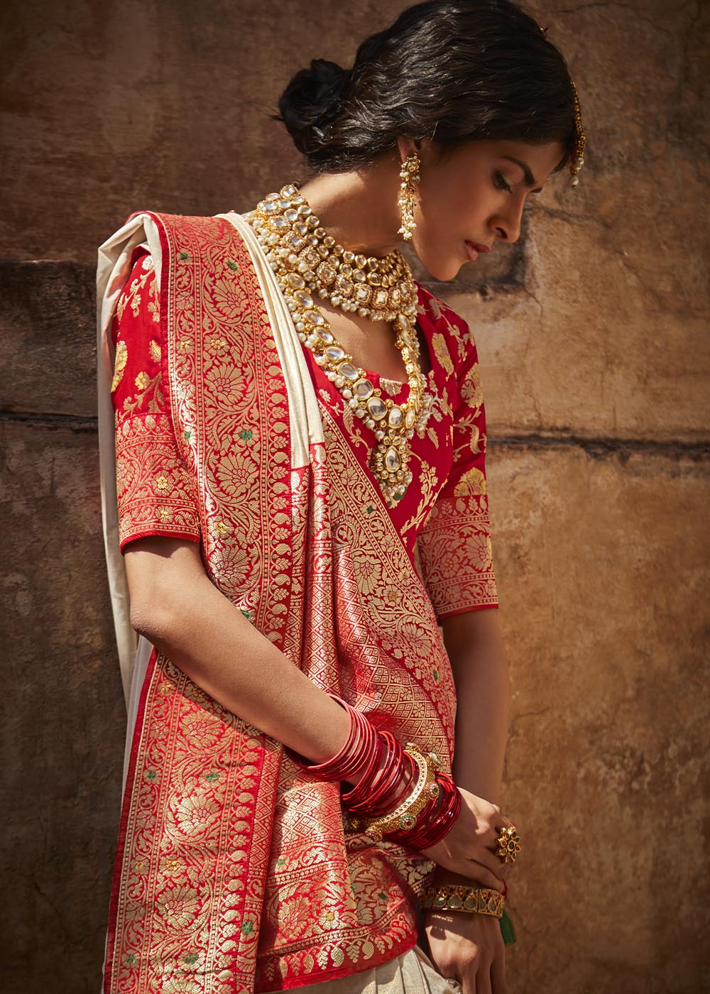 Elegant Grey and Red Woven Silk Saree with Embroidered Blouse