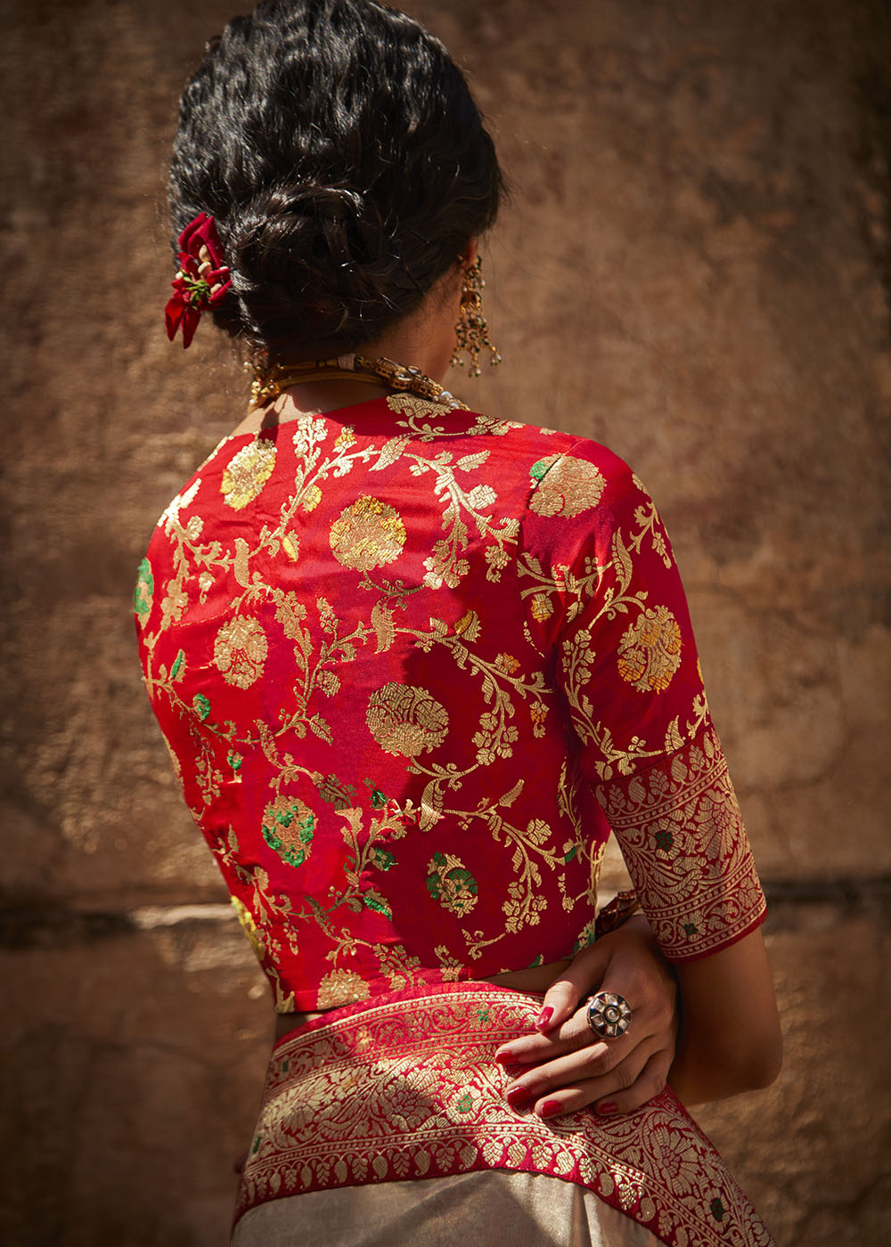 Elegant Grey and Red Woven Silk Saree with Embroidered Blouse