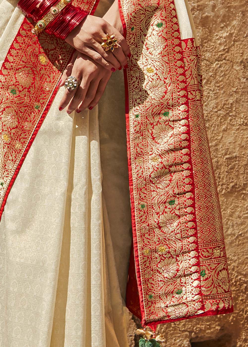 Elegant Grey and Red Woven Silk Saree with Embroidered Blouse