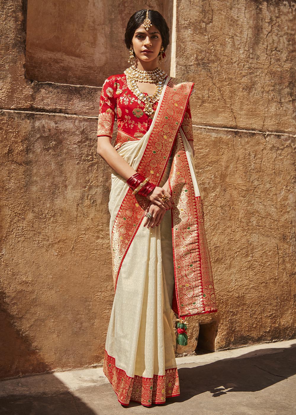 Elegant Grey and Red Woven Silk Saree with Embroidered Blouse