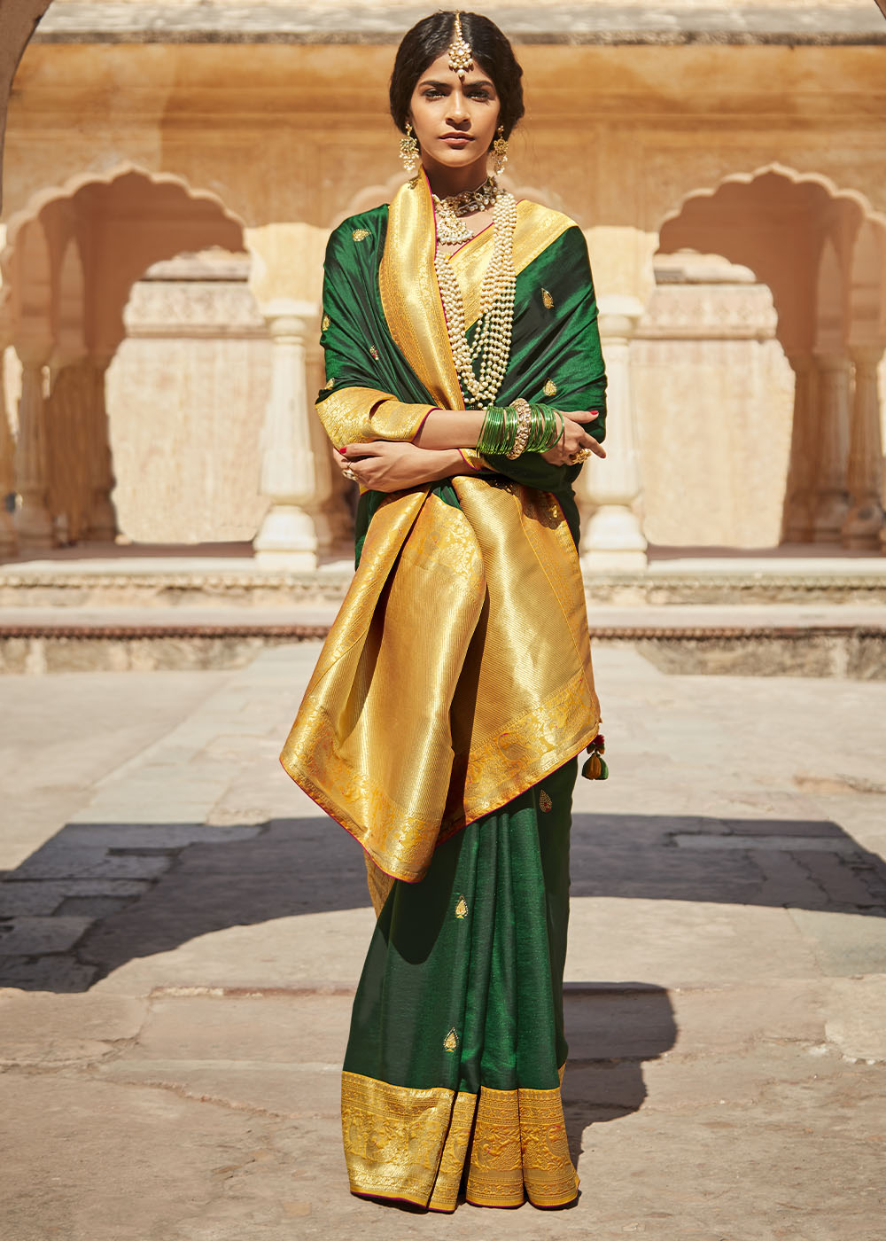 Green and Yellow Woven Silk Saree with Embroidered Blouse