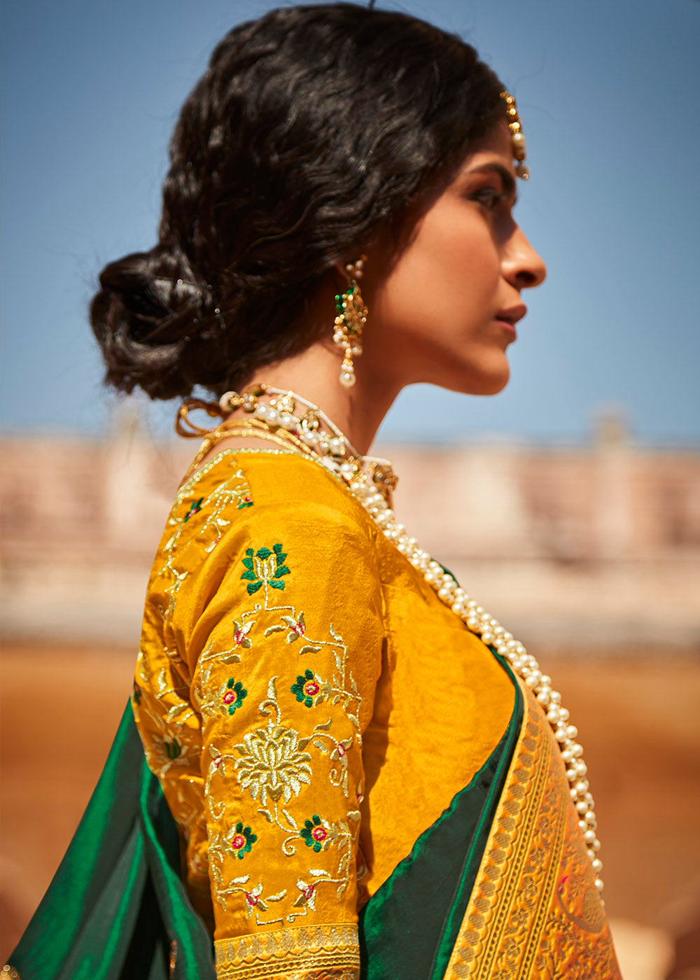 Green and Yellow Woven Silk Saree with Embroidered Blouse