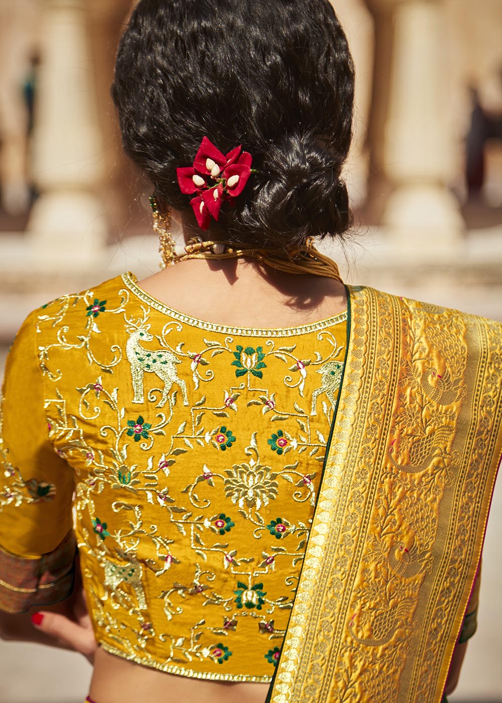 Green and Yellow Woven Silk Saree with Embroidered Blouse