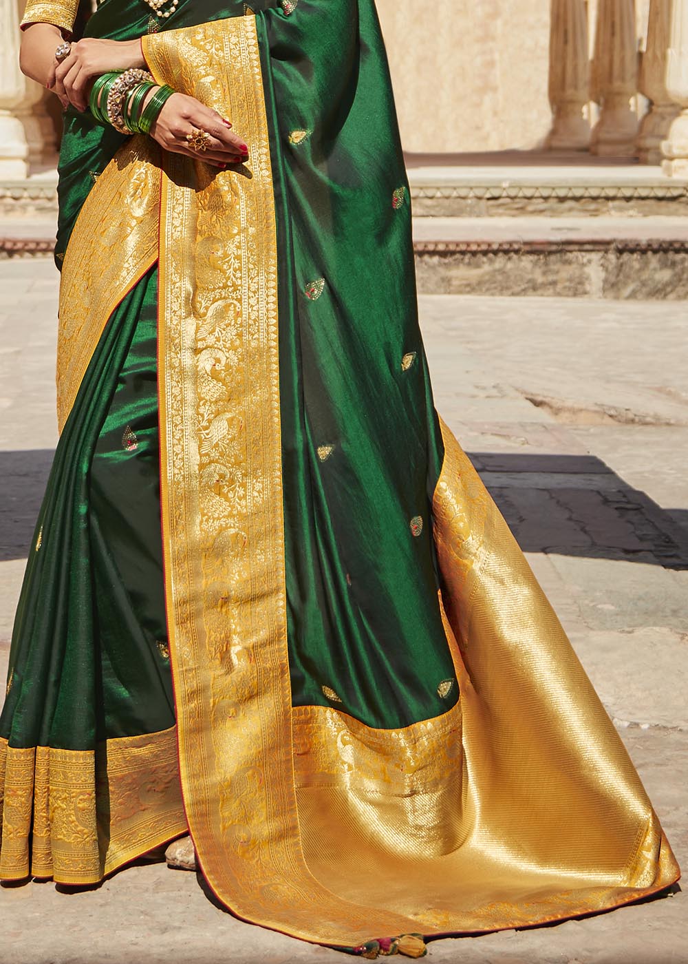 Green and Yellow Woven Silk Saree with Embroidered Blouse