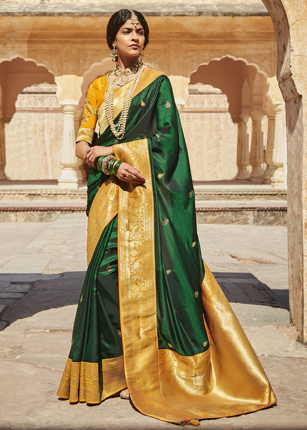 Green and Yellow Woven Silk Saree with Embroidered Blouse