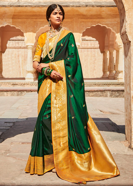 Green and Yellow Woven Silk Saree with Embroidered Blouse