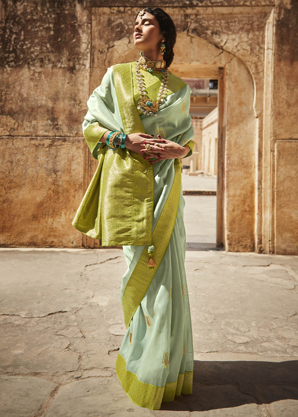 Pista Green Zari Tissue Silk  Saree with Embroidered Blouse