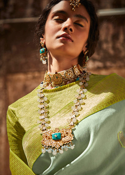 Pista Green Zari Tissue Silk  Saree with Embroidered Blouse