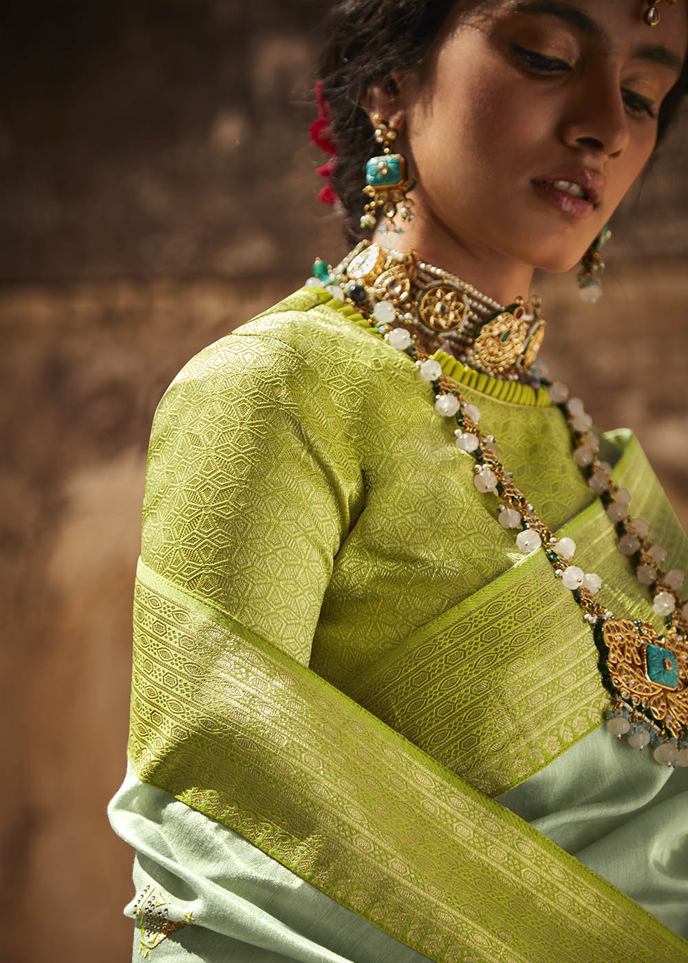 Pista Green Zari Tissue Silk  Saree with Embroidered Blouse