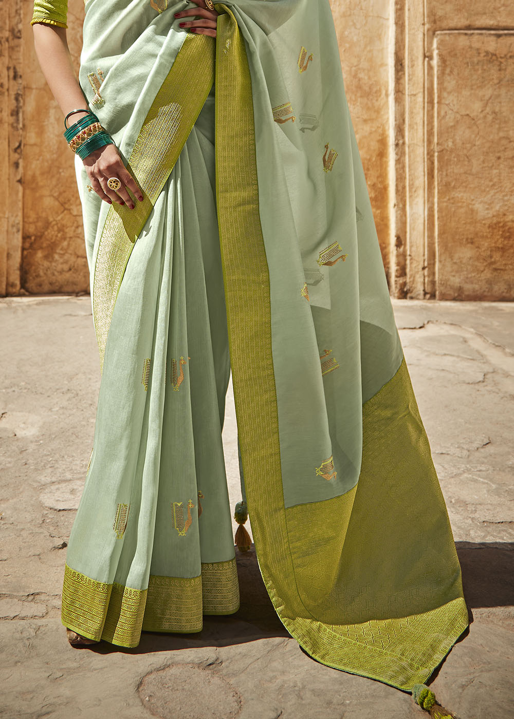 Pista Green Zari Tissue Silk  Saree with Embroidered Blouse