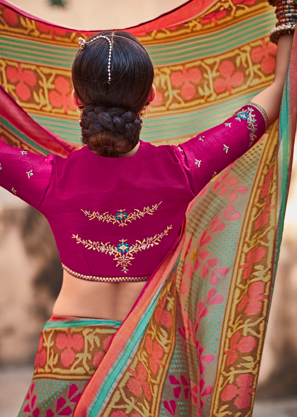 Elegant Green and Pink Soft Silk Saree with Embroidered Blouse