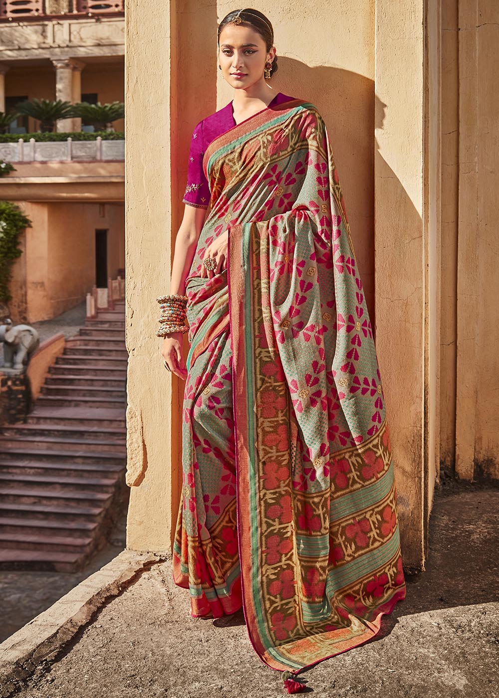 Elegant Green and Pink Soft Silk Saree with Embroidered Blouse