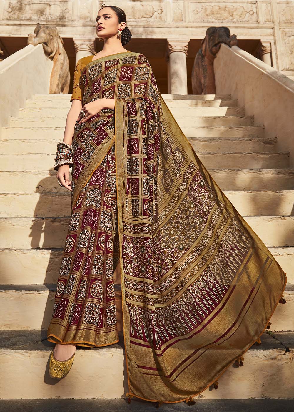 Charming Coffee and Mustard Soft Silk Saree with Embroidered Blouse