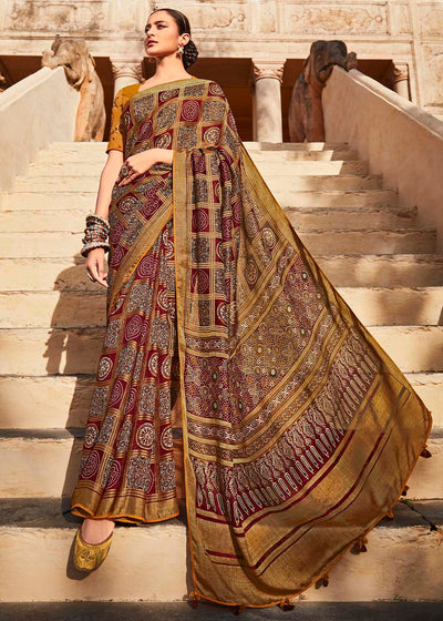 Charming Coffee and Mustard Soft Silk Saree with Embroidered Blouse