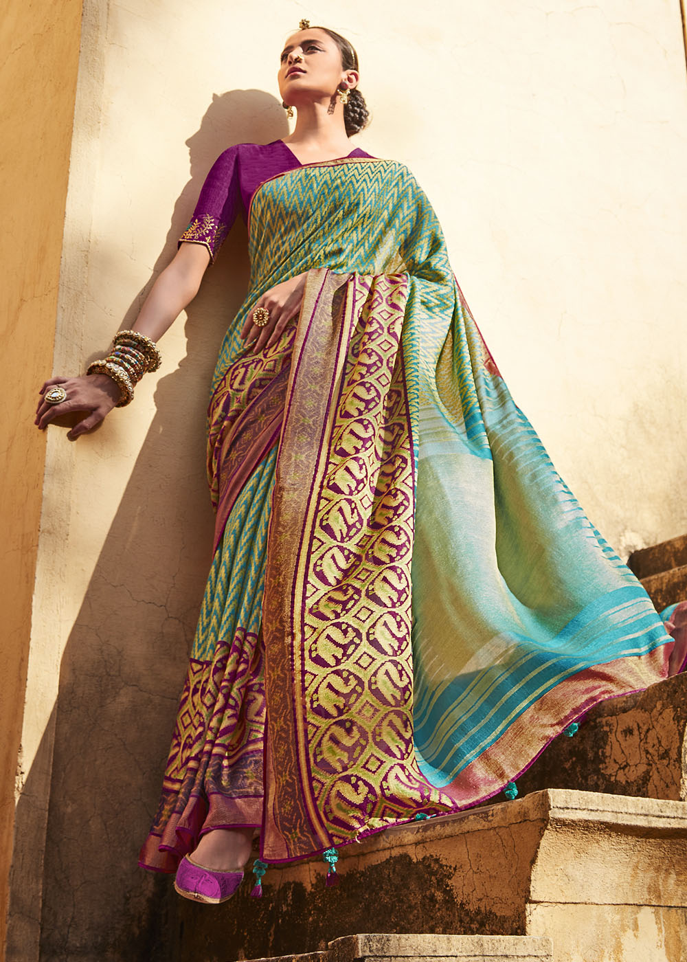 Elegant Purple and Blue Soft Silk Saree with Embroidered Blouse