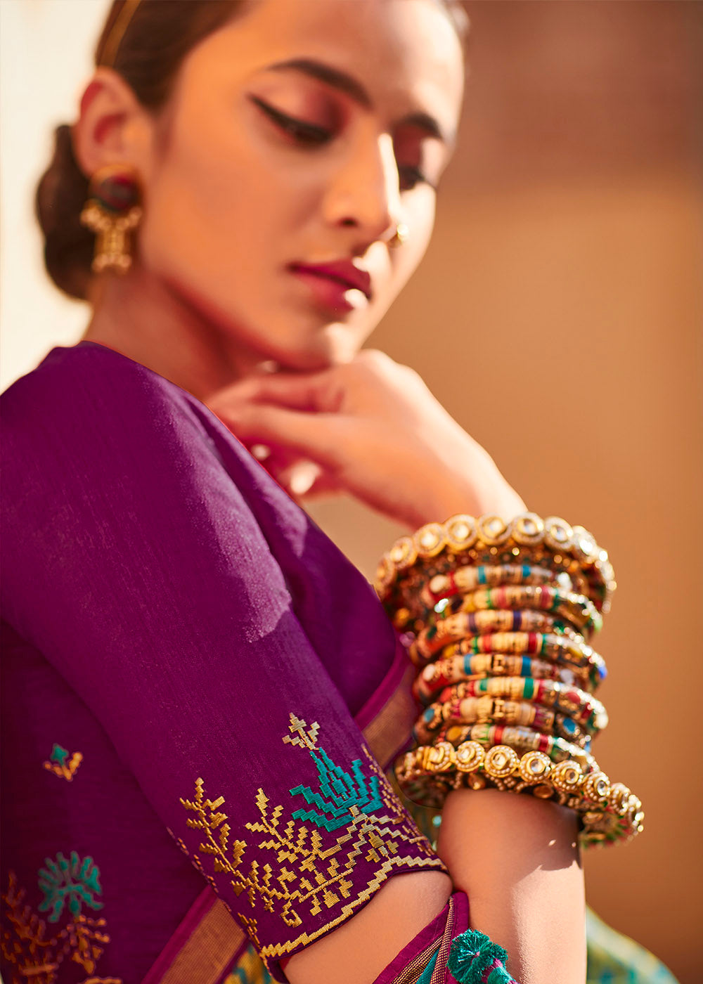 Elegant Purple and Blue Soft Silk Saree with Embroidered Blouse