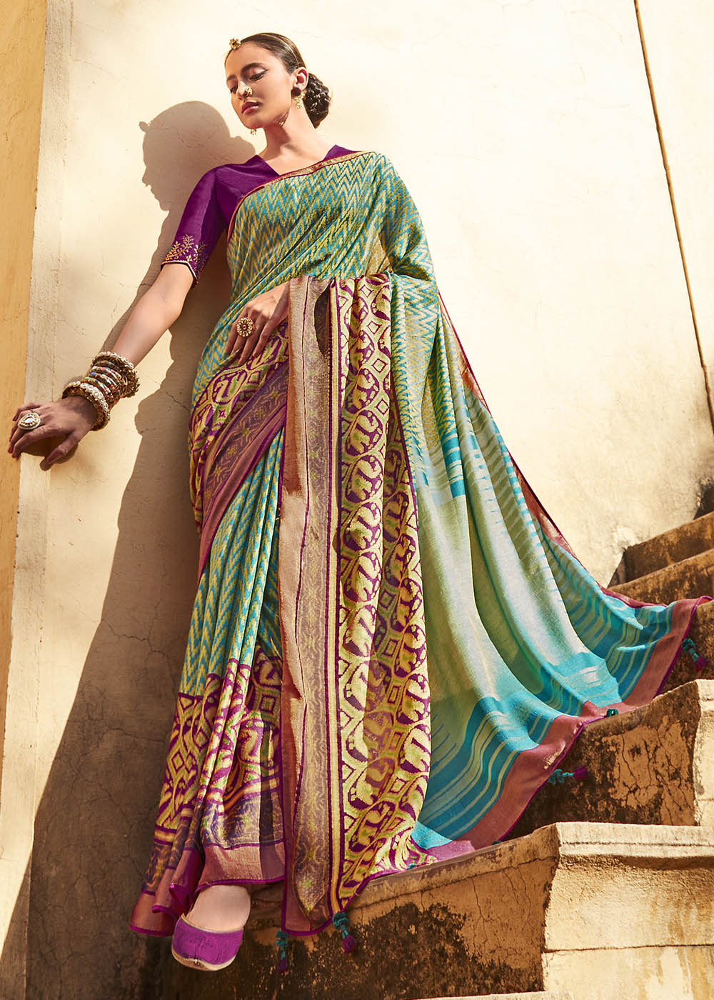 Elegant Purple and Blue Soft Silk Saree with Embroidered Blouse