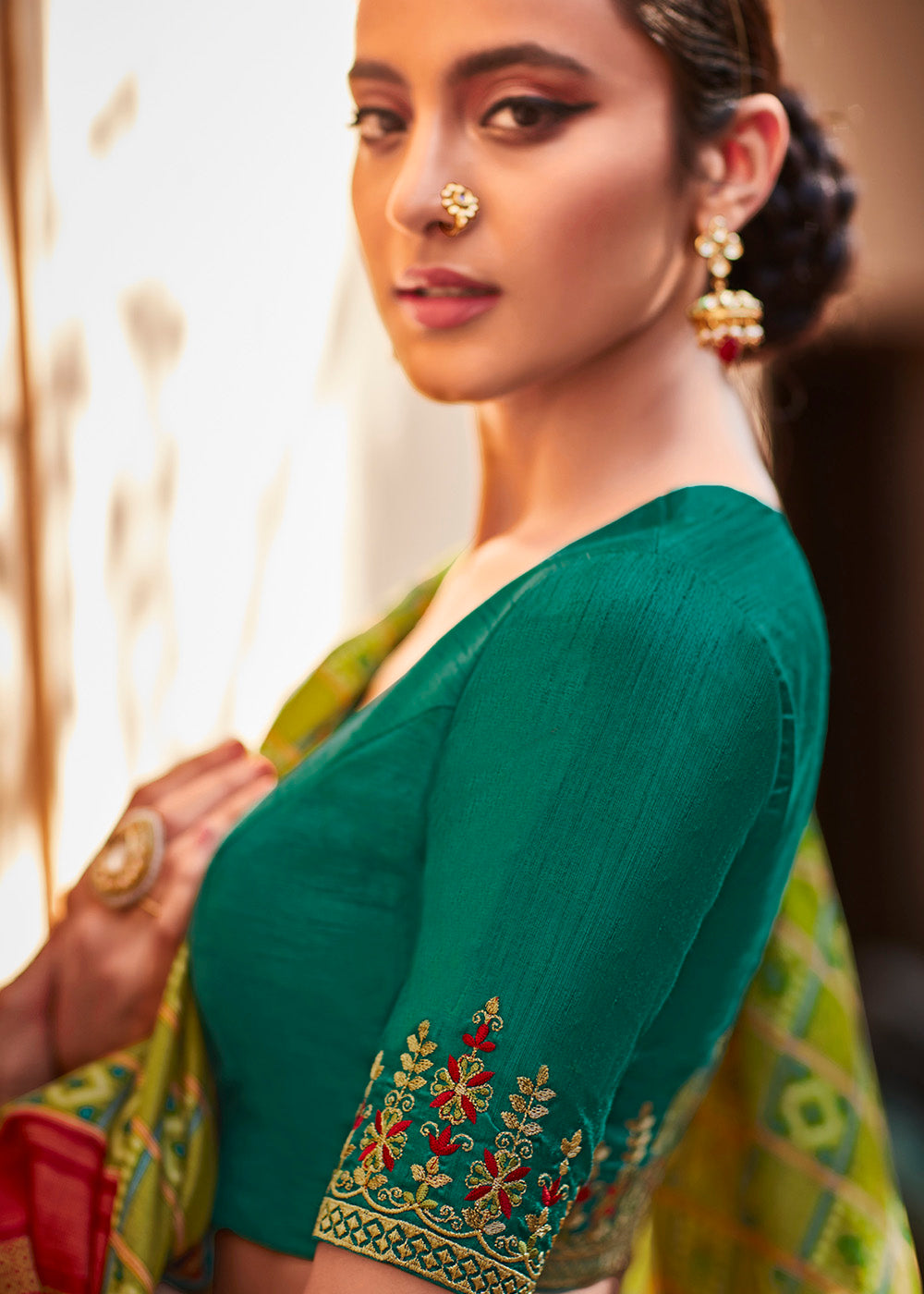 ALIGENT GREEN & RED SOFT SILK SAREE WITH EMBROIDERED BLOUSE