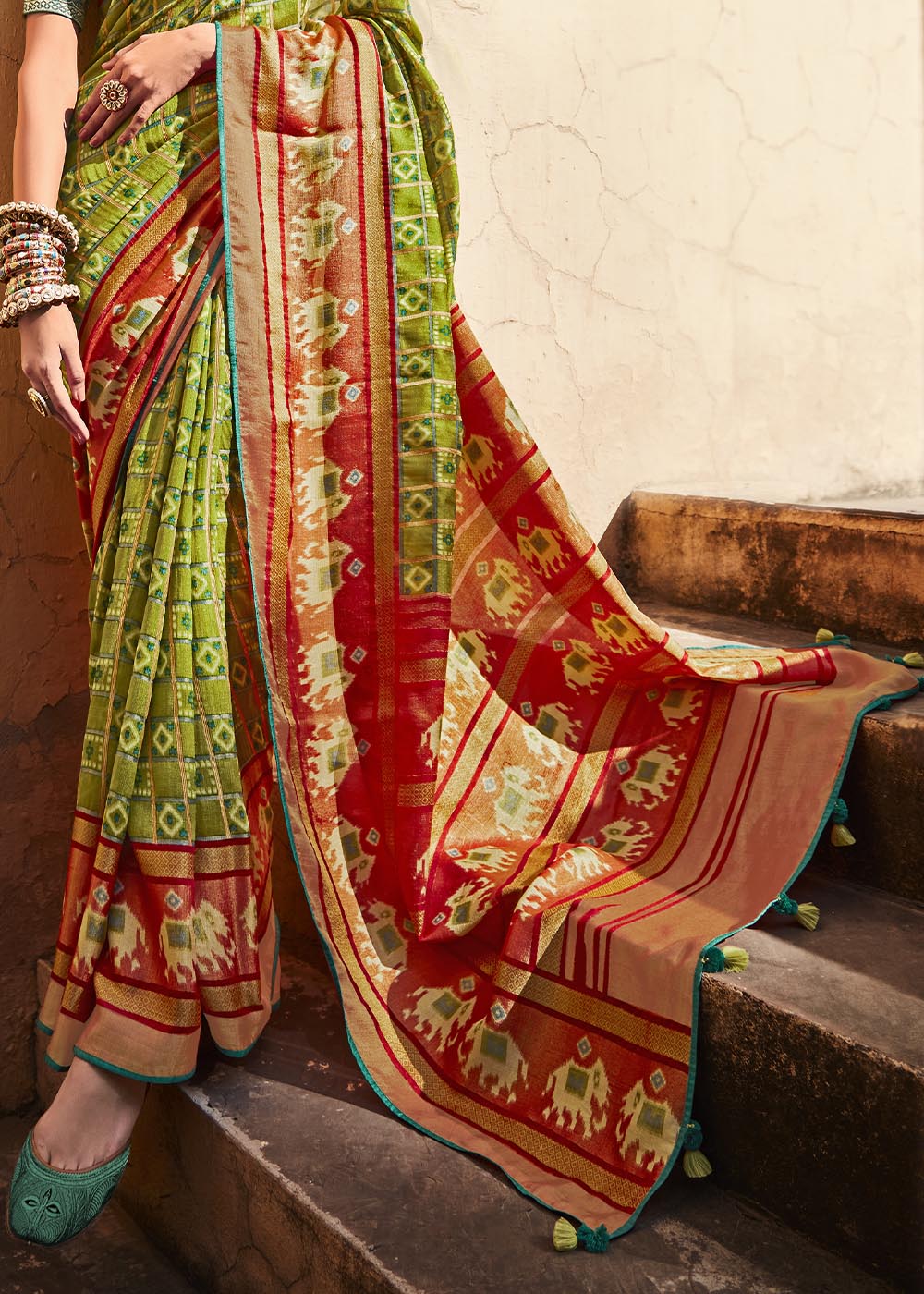 ALIGENT GREEN & RED SOFT SILK SAREE WITH EMBROIDERED BLOUSE