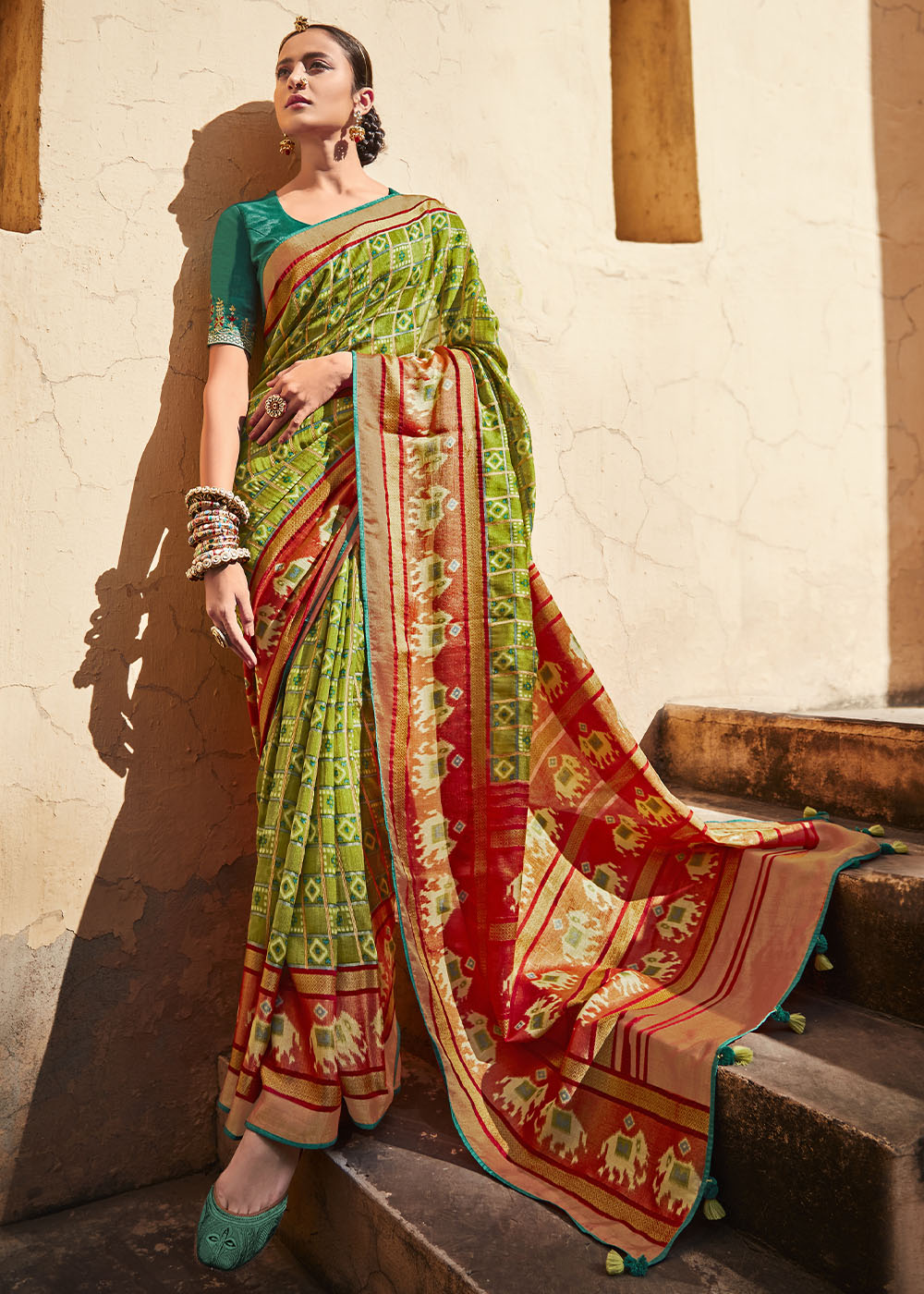 ALIGENT GREEN & RED SOFT SILK SAREE WITH EMBROIDERED BLOUSE