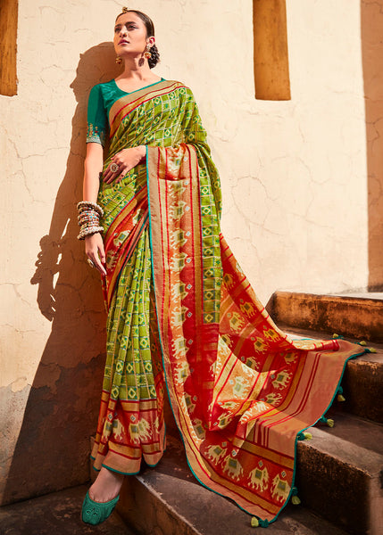 ALIGENT GREEN & RED SOFT SILK SAREE WITH EMBROIDERED BLOUSE