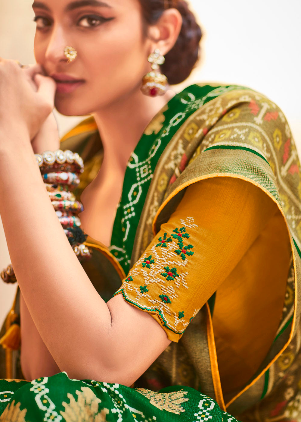 Elegant Green and golden  Soft Silk Saree with Beautifully Embroidered Blouse