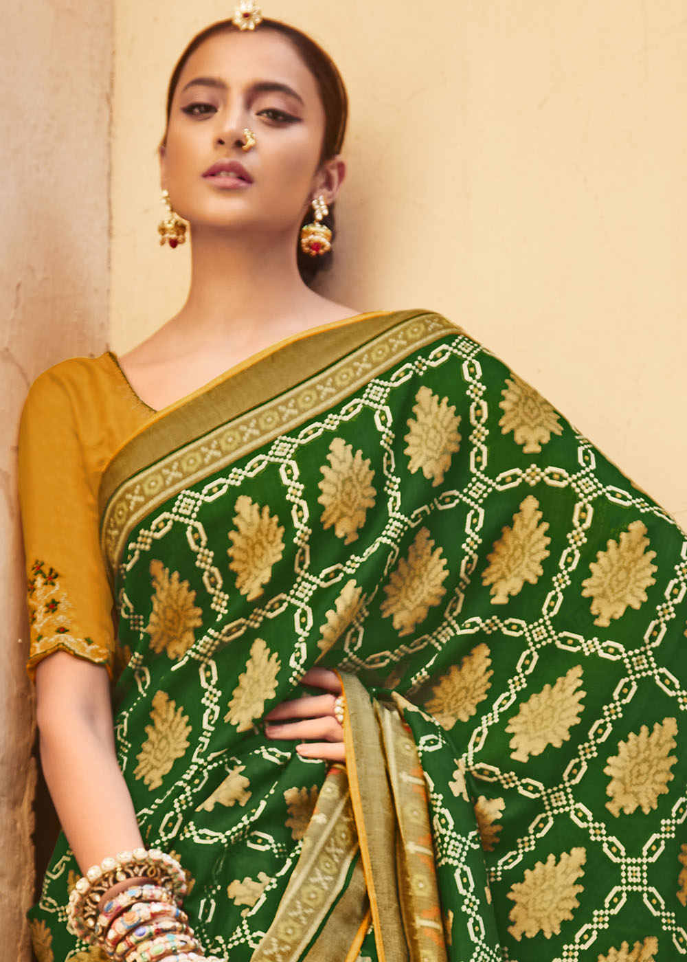 Elegant Green and golden  Soft Silk Saree with Beautifully Embroidered Blouse