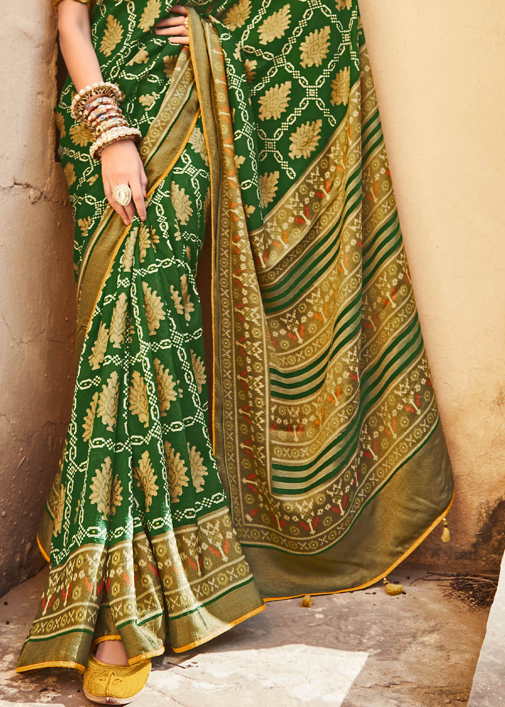 Elegant Green and golden  Soft Silk Saree with Beautifully Embroidered Blouse