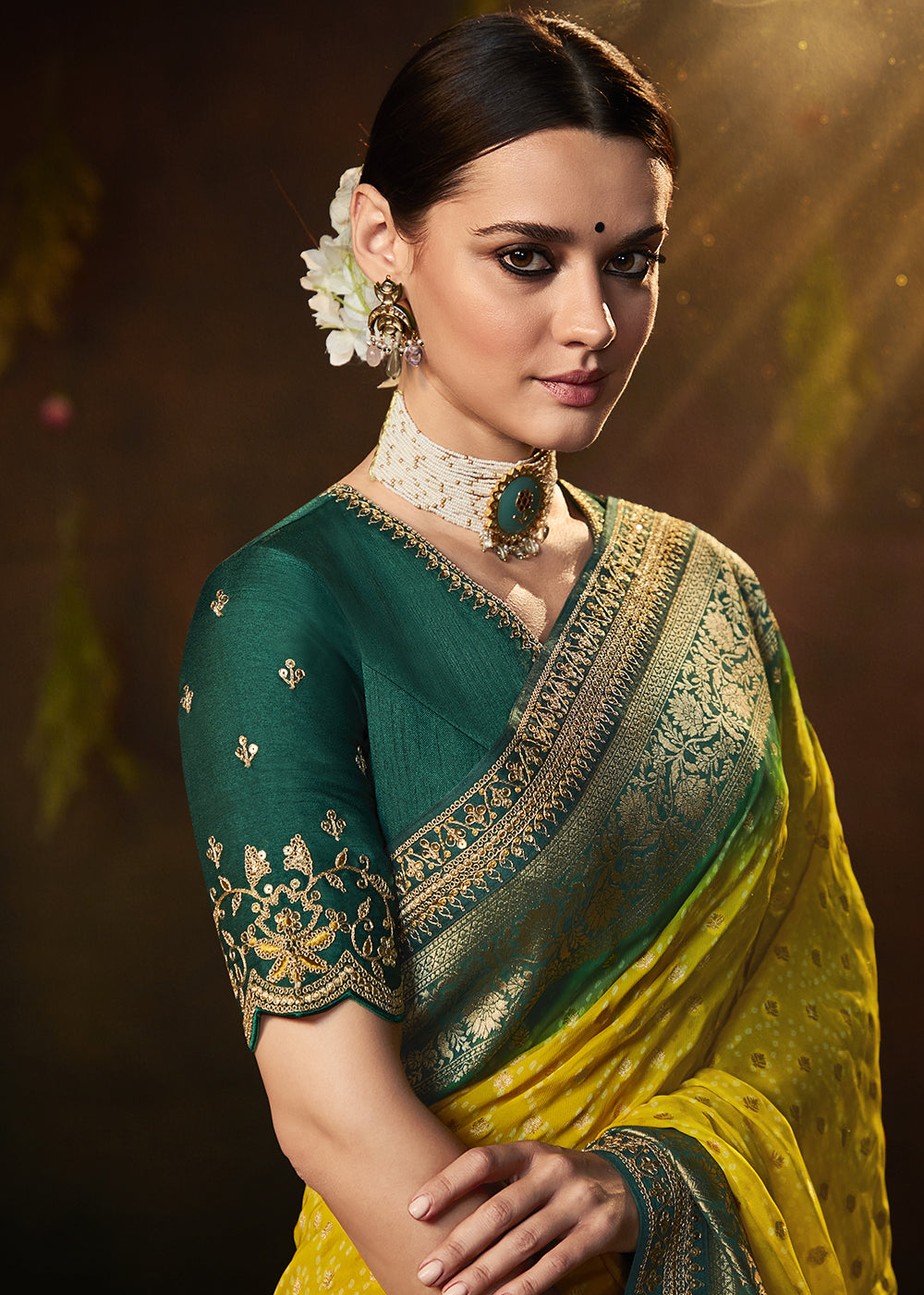 Refreshing Yellow and Green Georgette Bandhani Saree for a Vibrant Look