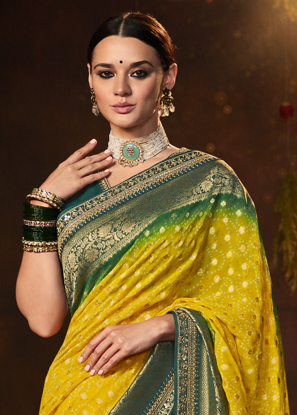 Refreshing Yellow and Green Georgette Bandhani Saree for a Vibrant Look