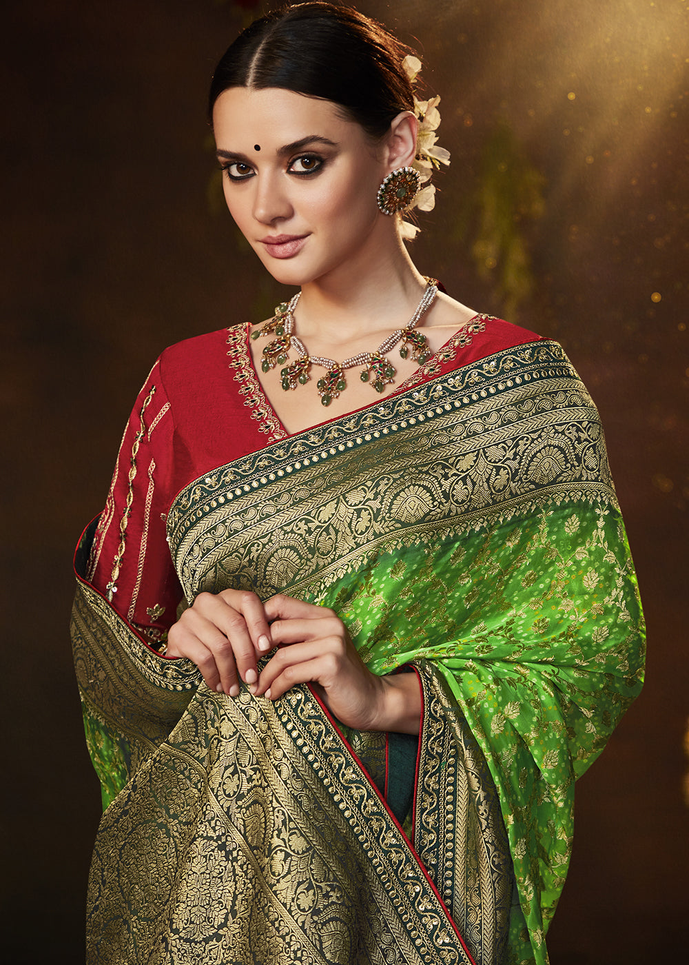 Enchanting Forest Green Georgette Bandhani Saree for a Serene Look