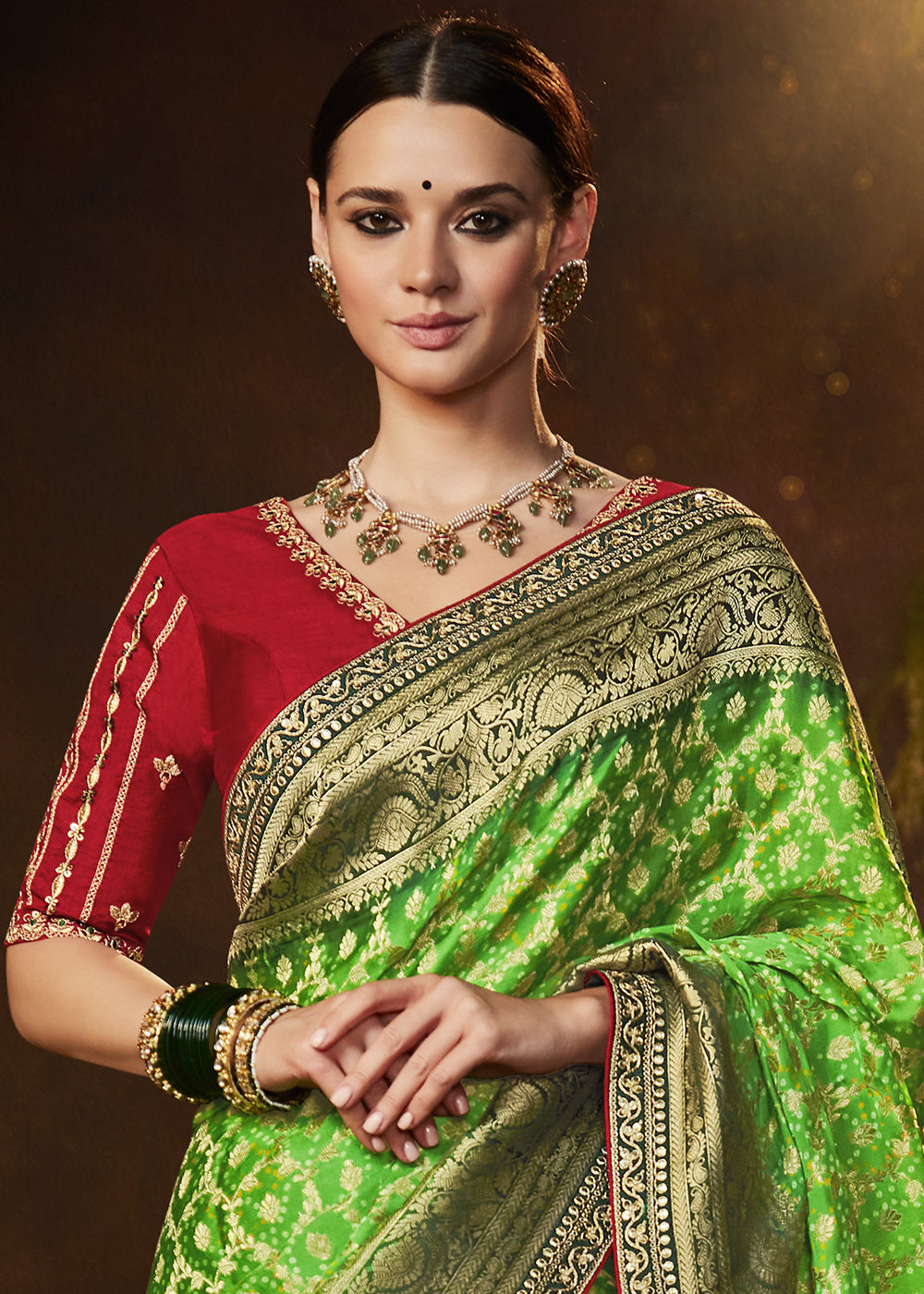 Enchanting Forest Green Georgette Bandhani Saree for a Serene Look