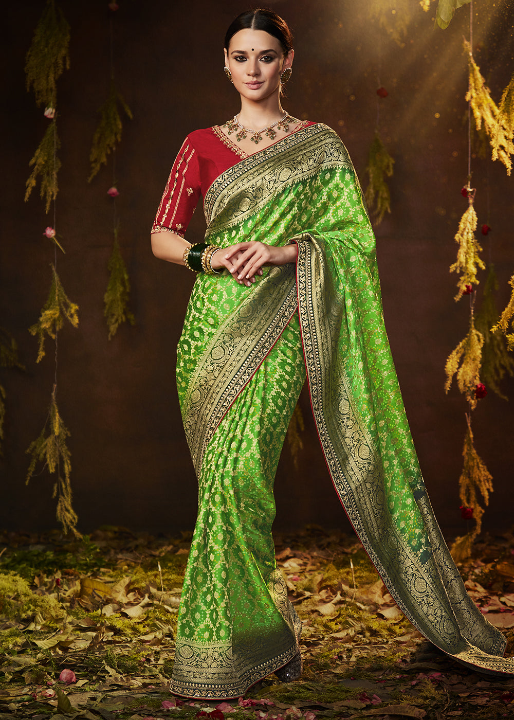 Enchanting Forest Green Georgette Bandhani Saree for a Serene Look