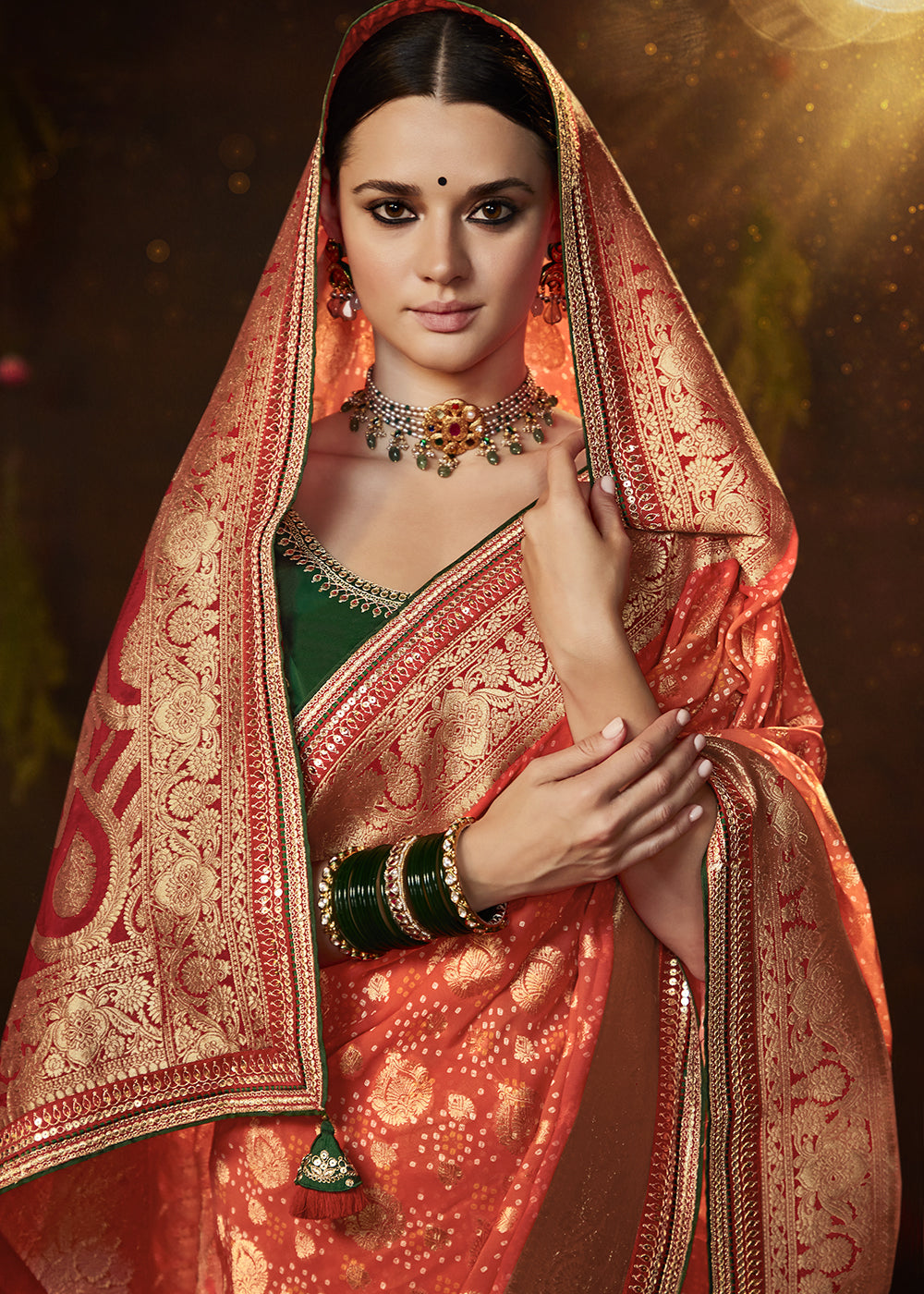 Radiant Cantaloupe Orange Georgette Bandhani Saree for a Festive Look