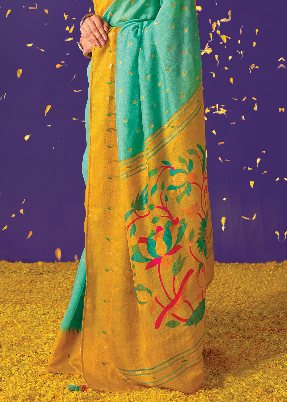 Turquoise Blue Brasso Paithani Saree with Zari Borders and Pallu