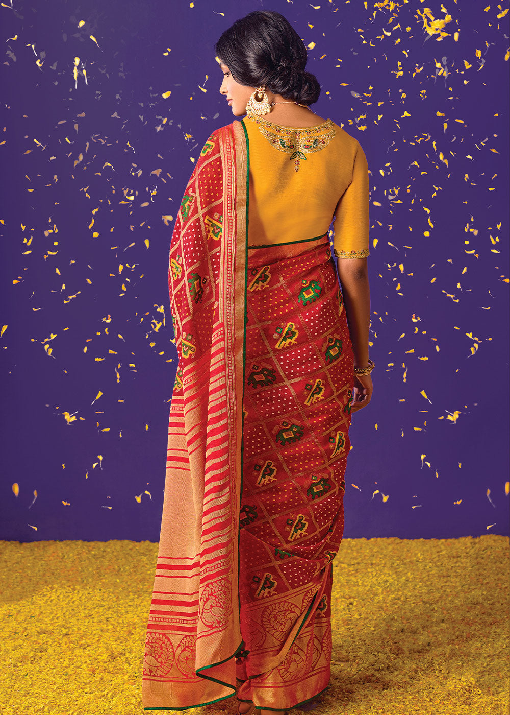 Red and Yellow Embroidered Saree with Matching Blouse