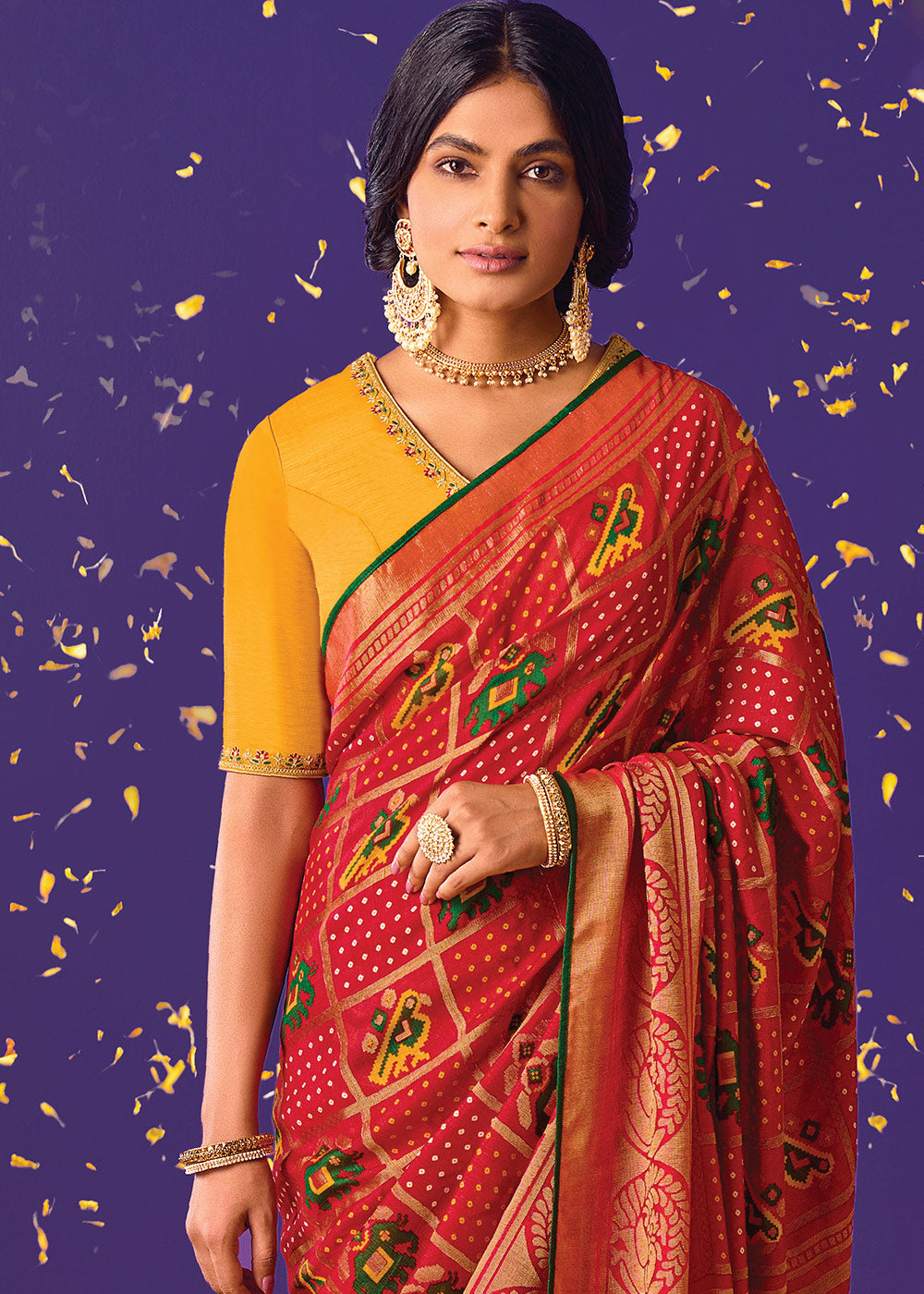 Red and Yellow Embroidered Saree with Matching Blouse