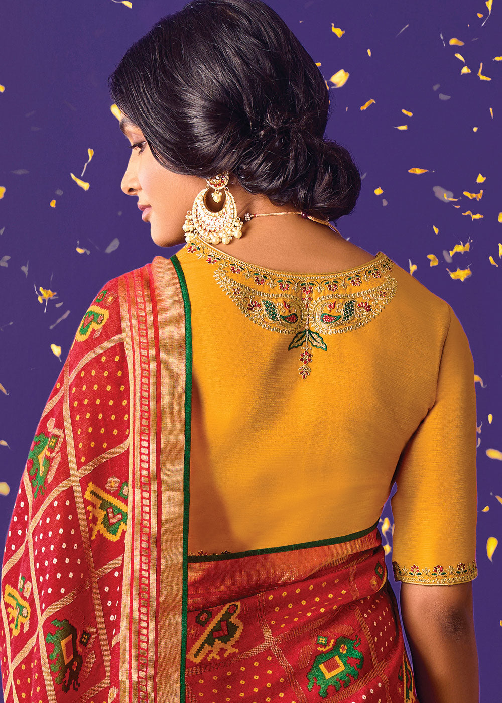 Red and Yellow Embroidered Saree with Matching Blouse