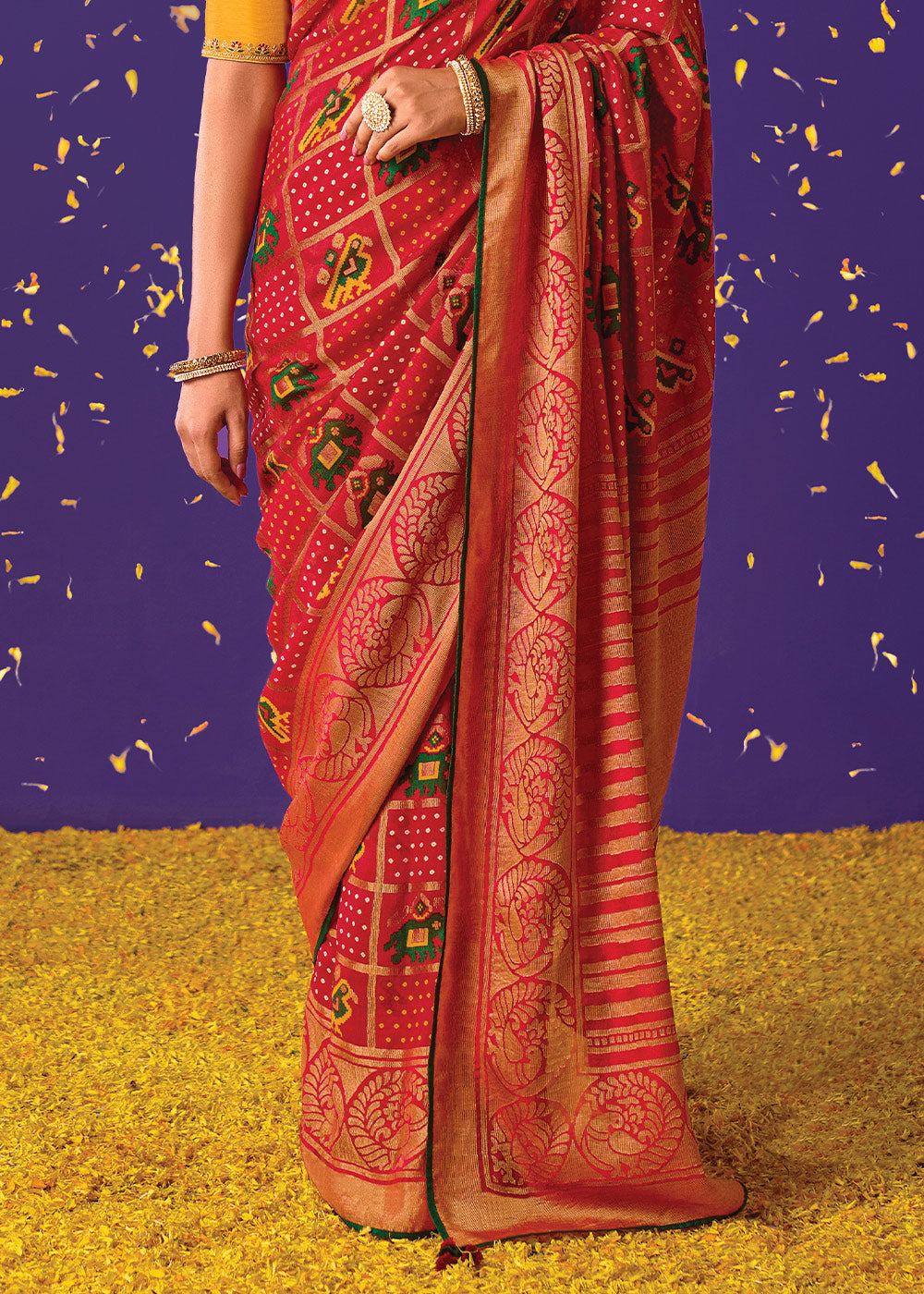 Red and Yellow Embroidered Saree with Matching Blouse