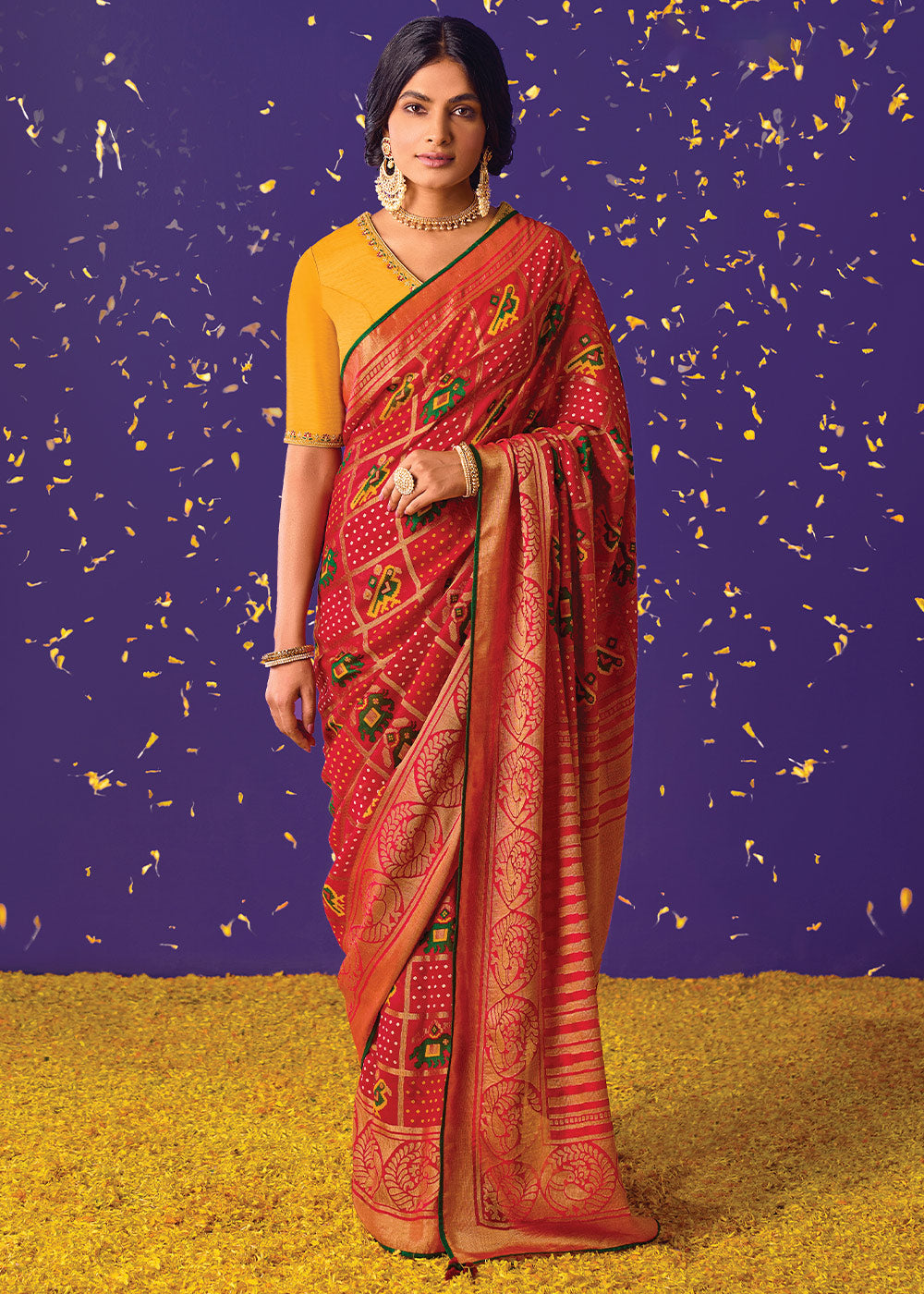 Red and Yellow Embroidered Saree with Matching Blouse