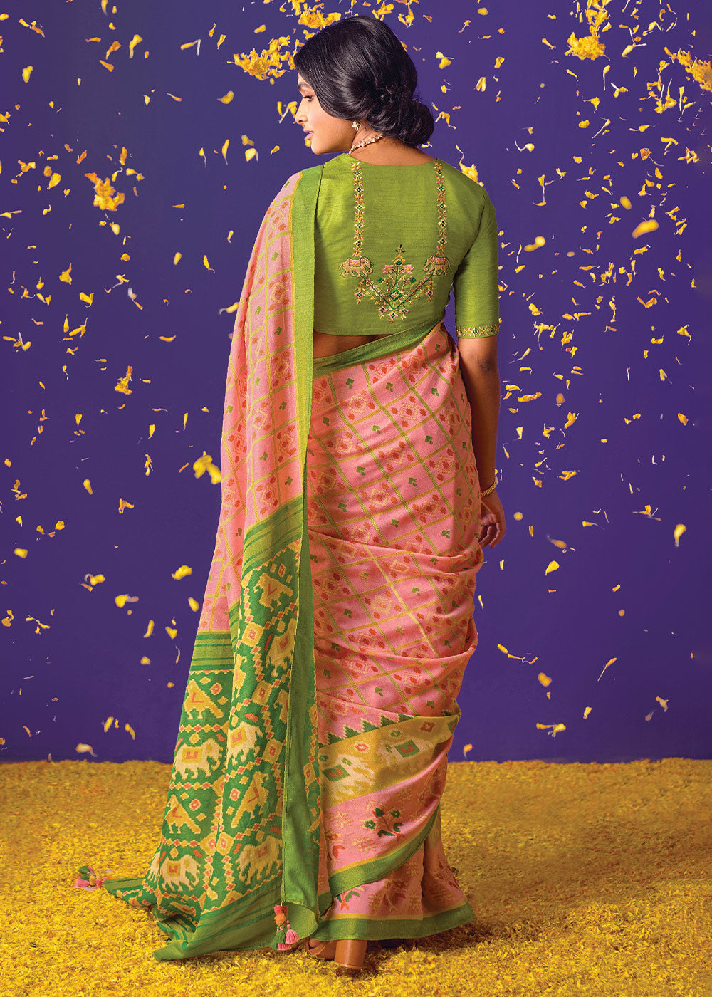 Green and Pink Floral Print Saree with Embroidered Blouse