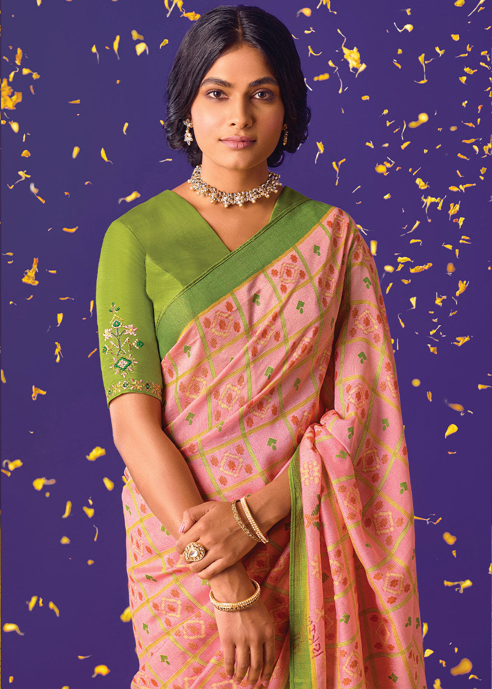 Green and Pink Floral Print Saree with Embroidered Blouse