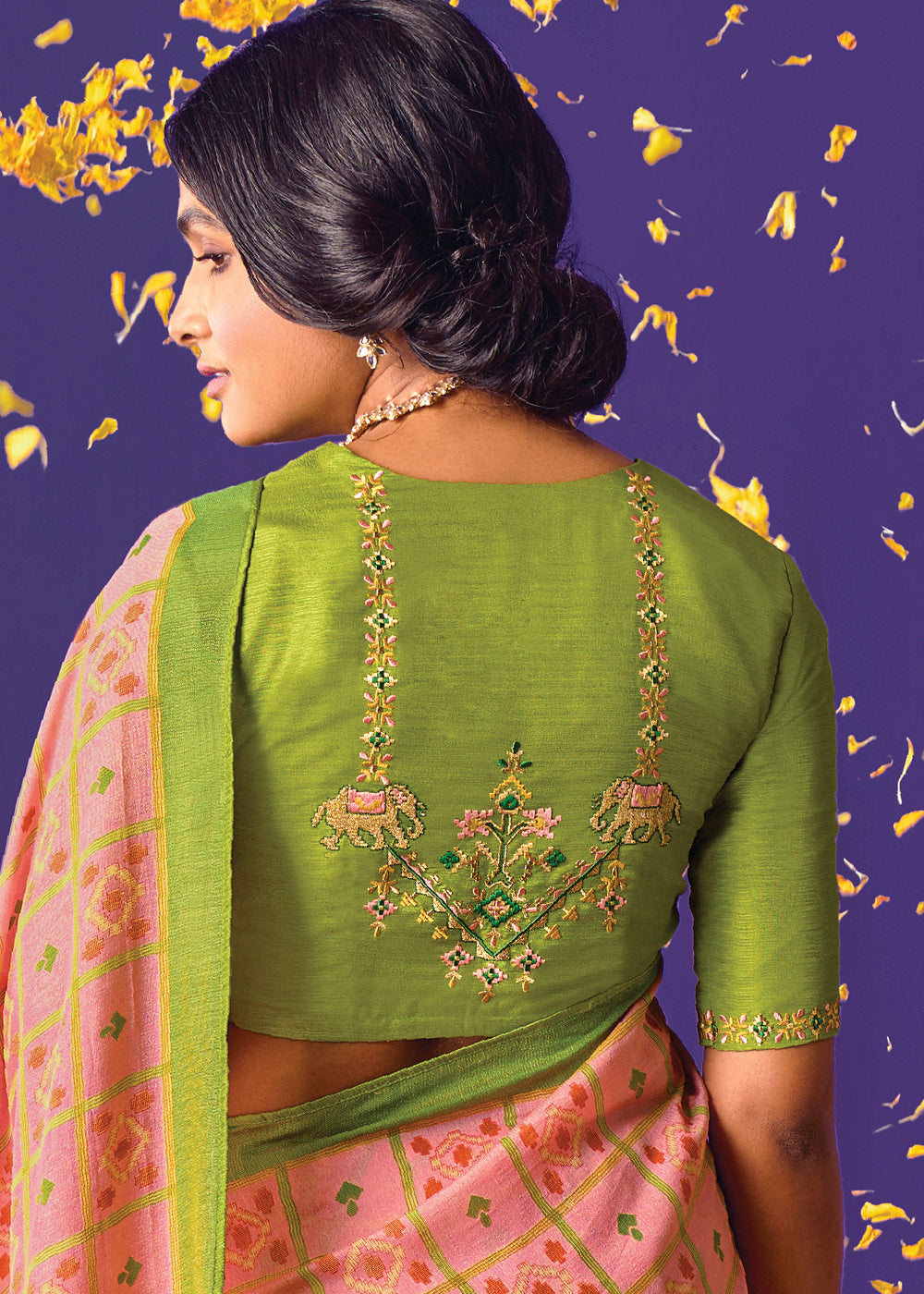 Green and Pink Floral Print Saree with Embroidered Blouse