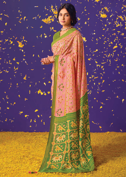 Green and Pink Floral Print Saree with Embroidered Blouse