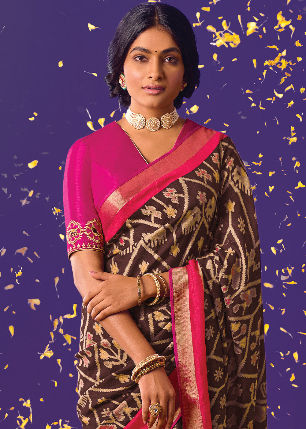 Brown and Pink Brasso Print Saree with Embroidered Blouse