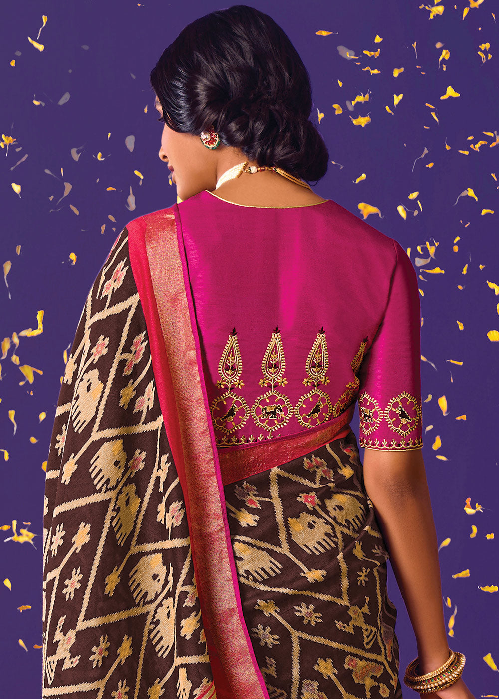 Brown and Pink Brasso Print Saree with Embroidered Blouse